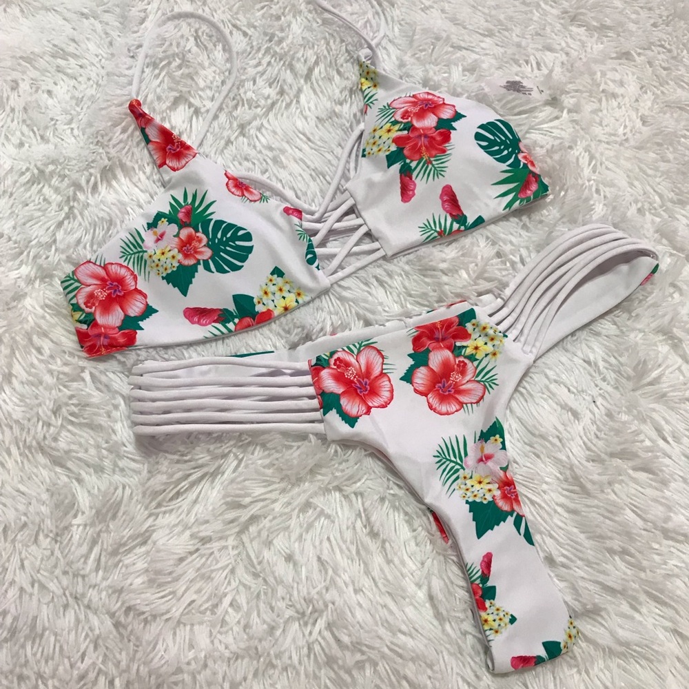 Flower White Bikini Two Piece Swimsuit.